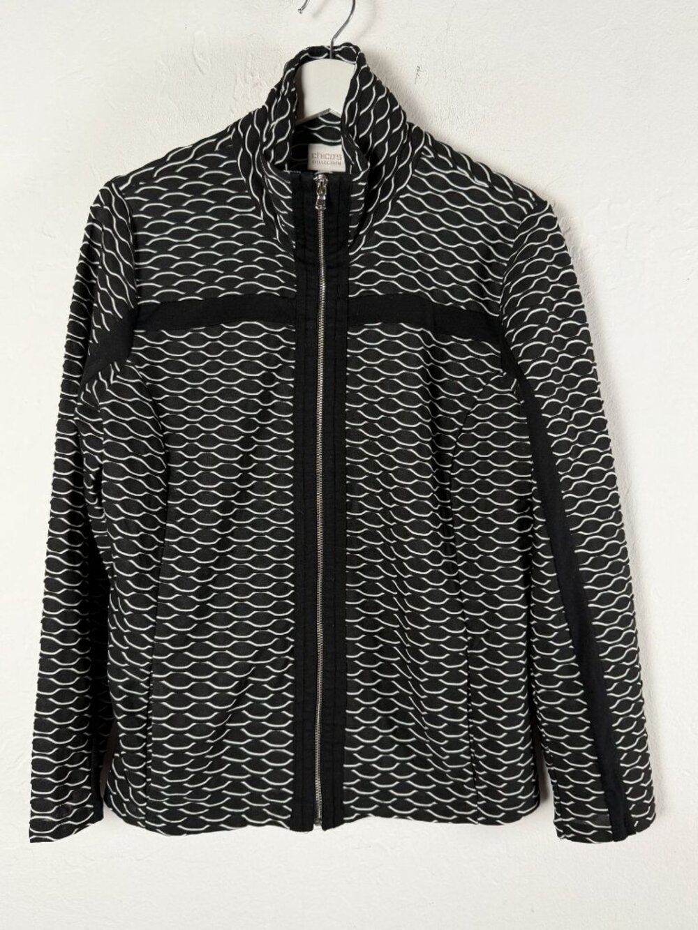 Chico's Collection Womens Textured Full Zip Jacket Black White Wave Print Size 1